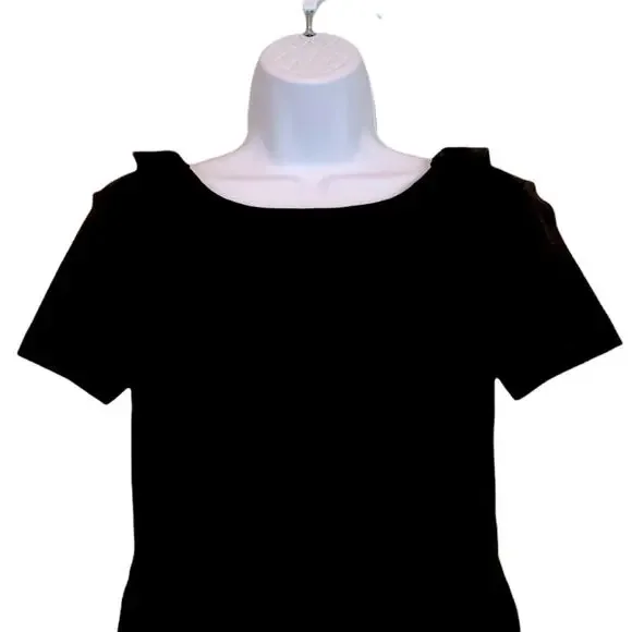 French Connection Dress Sz 6 Short Sleeve Lace Back Little Black Dress Ruffle - Picture 2 of 8